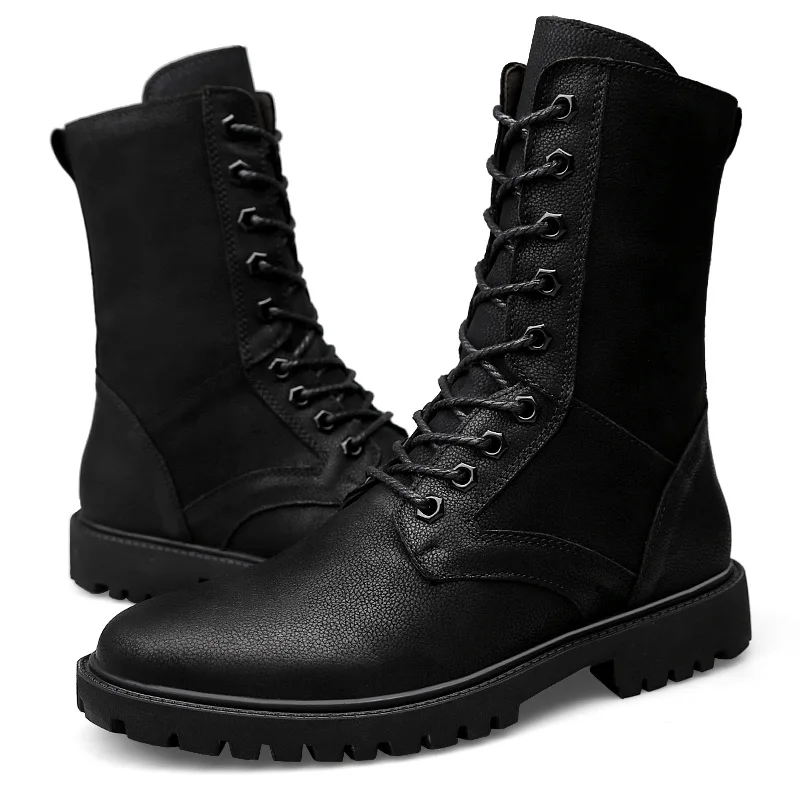 Winter Men High Leather Boots Combat Tactical Shoes Hunting Pure Black Plus Big Size 49 50 51 52