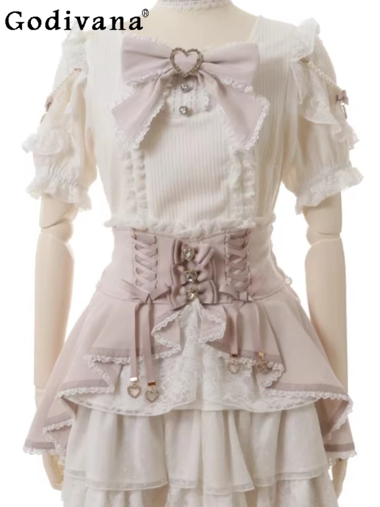 

Новинка Весна-Лето: Модный универсальный вязаный топ в стиле Лолита с коротким рукавом, милый и очаровательный, с кружевом, в японском стиле, для отдыха, с эффектом омоложения, больших размеров.