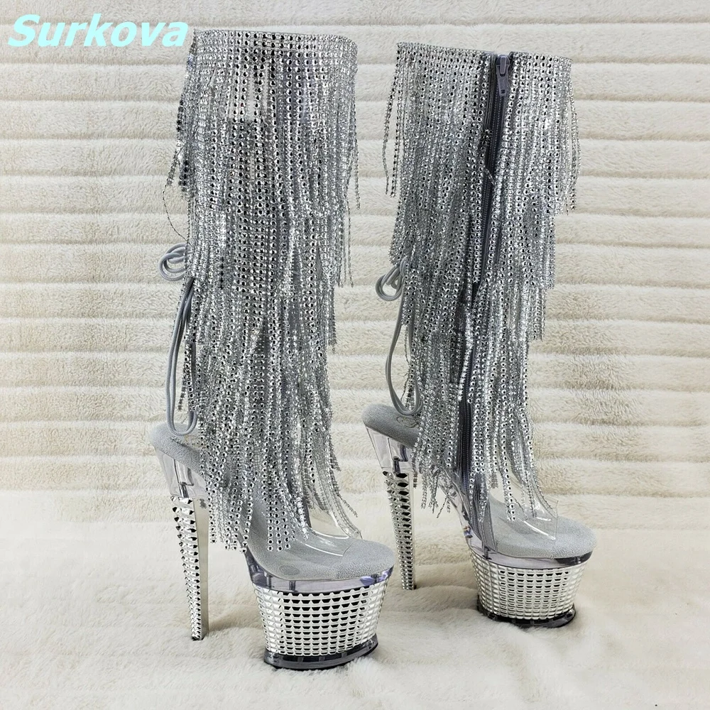 Hollow Round Toe Tassel BootsTransparent Low Silver High Platform Spike High Heels Ankle Boots Newest Fashion Sexy Women Shoes