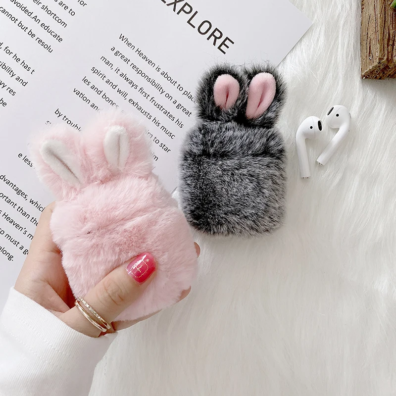 Wireless Earphone Case For AirPods 1 2 Cute Carton 3D Rabbit Ear Furry Fur Hair Case For Apple Airpods pro Earphone Case