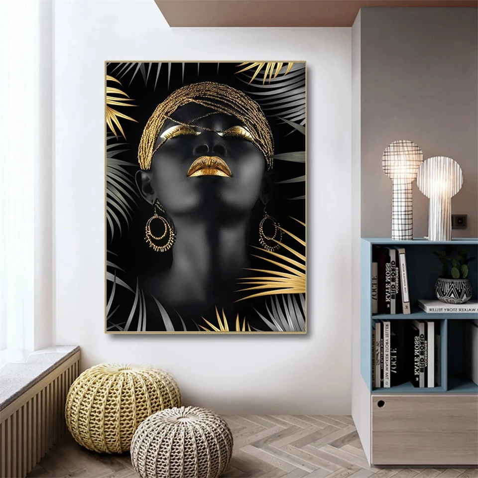 DIY Diamond Painting African Woman Black Gold Leaves 5D AB Drill Mosaic Full Picture Modern Figure Wall Art Home Decor Gift