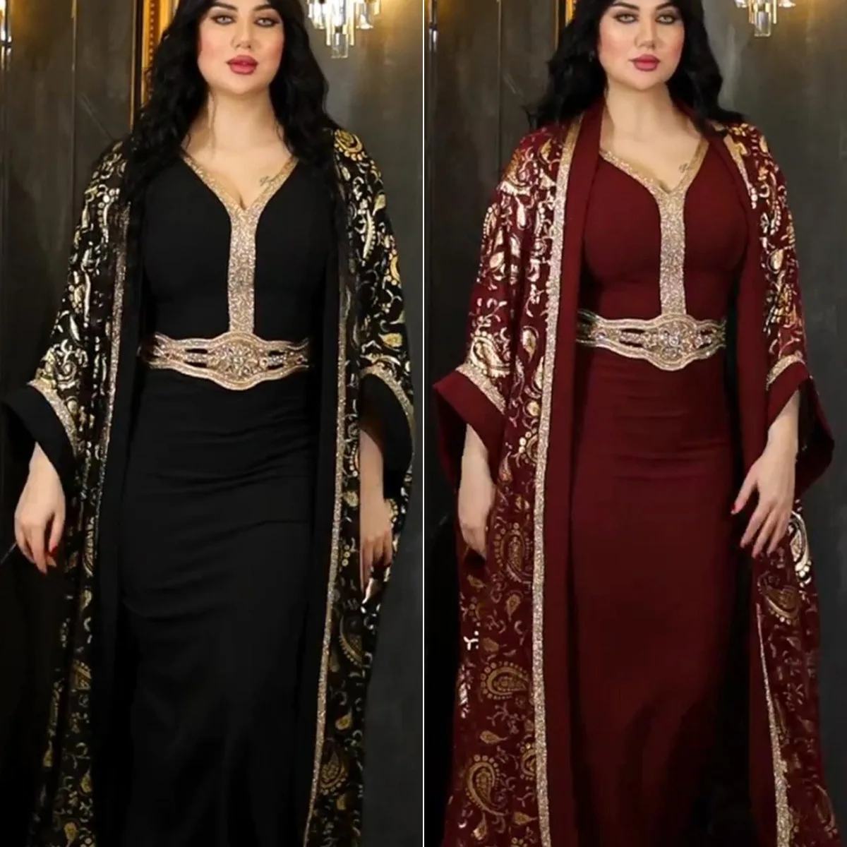 

3838 New Eid al Adha Arab Clothing Muslim Robe Gold Plated Two Piece Dress Set