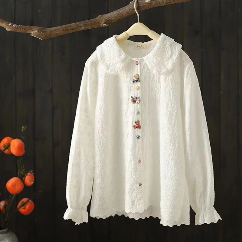 Spring Autumn Bud Silk Cotton Shirt Women White Color Long Sleeve Double Layer Collar Embroidery Cartoon Button Blosue Tops U422