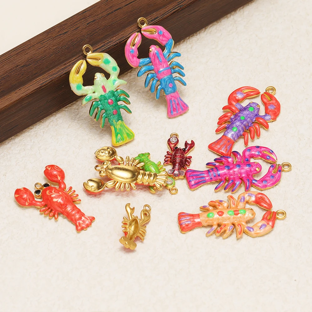 4er-Set Edelstahl-Hummer-Anhänger mit Emaille im Sommer-Ozean-Stil für DIY-Kinderohrringe, Halsketten und Armbänder – Detail 3