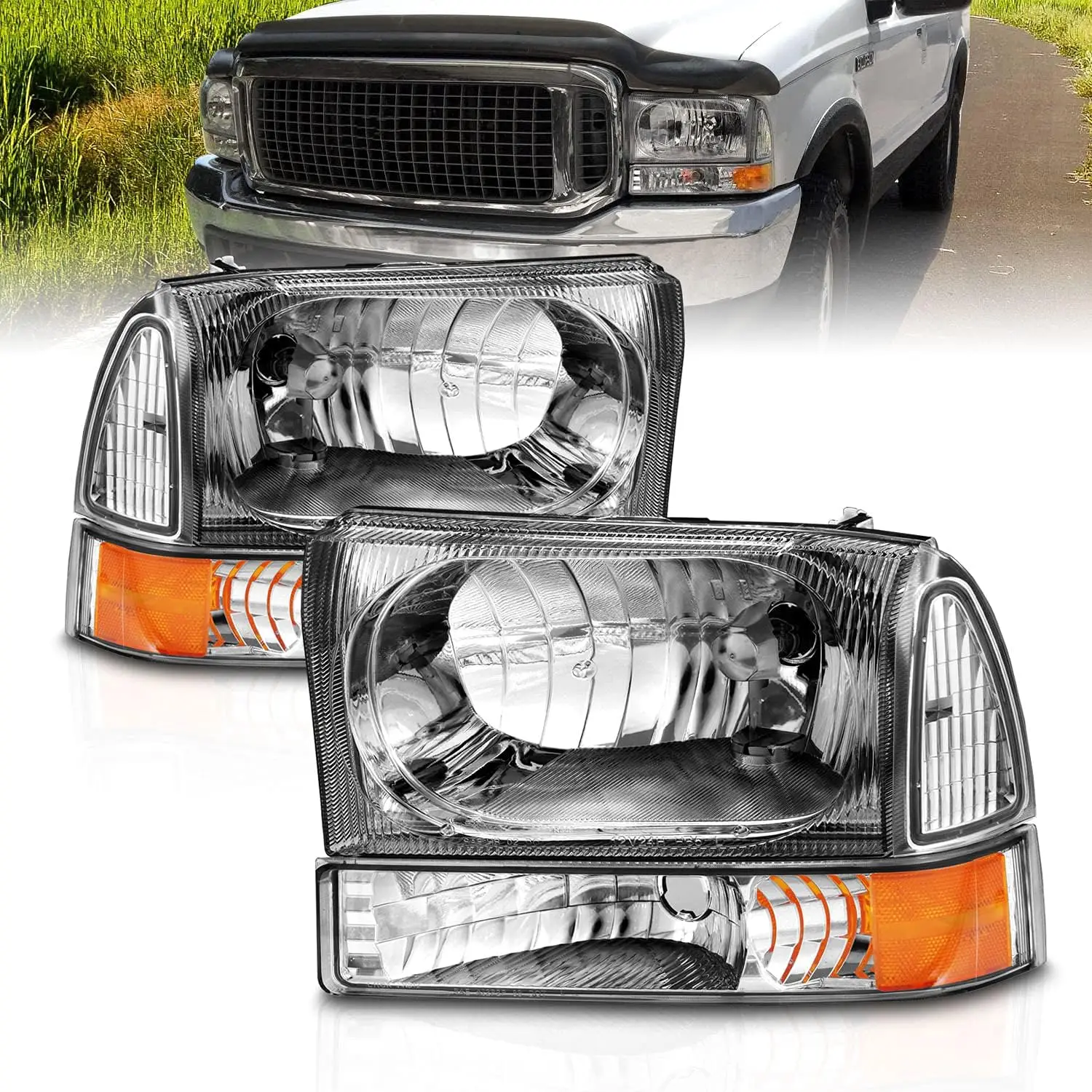 

OE Chrome Replacement Headlights 4pcs Set w/Socket Bulb for 1999-04 Ford Excursion/Super Duty F250 F350 F450 F550 Truck - Passen