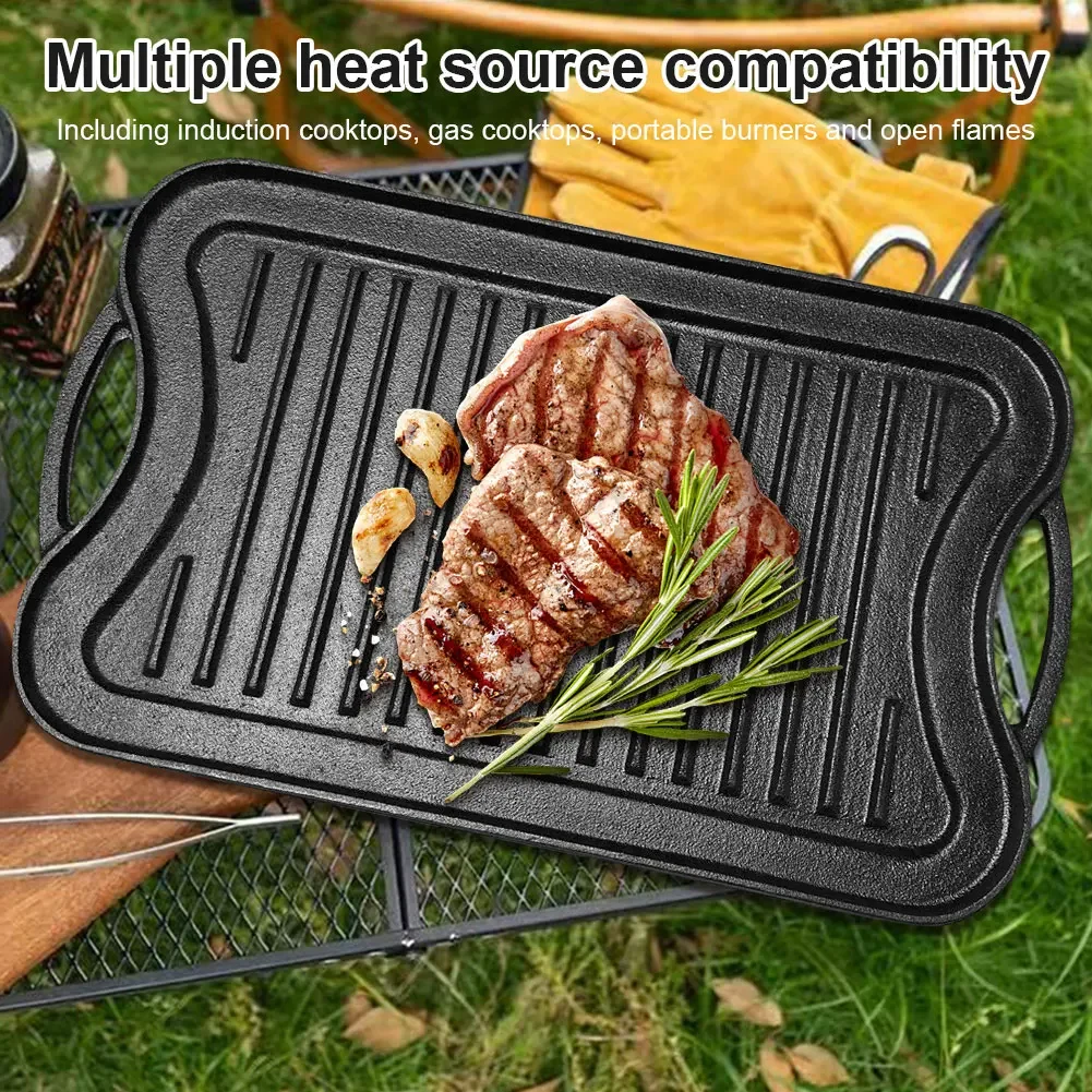 Cast Iron Grill Pan - Pre-Seasoned Reversible Double Sided Griddle - 20x10 Inch Flat & Ridged Skillet for Steak, Eggs, Pancakes