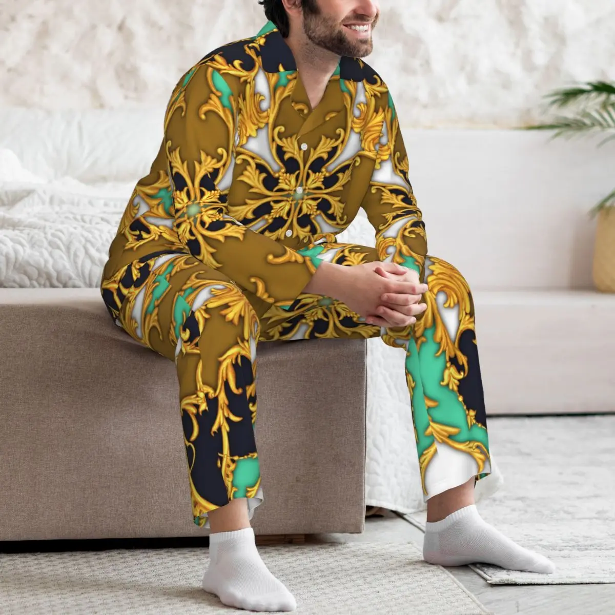 Men's Home Suits Long-sleeved Golden Baroque Suits for Autumn and Winter Pajamas for Men