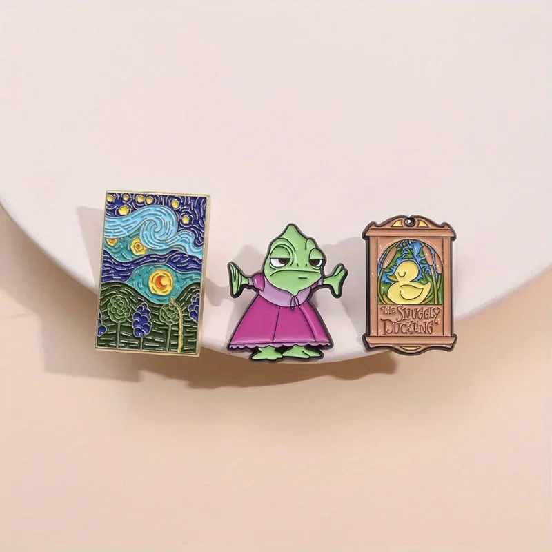 Creative cartoon little yellow duck animal alien oil painting landscape brooch fun clothing accessory versatile metal badge