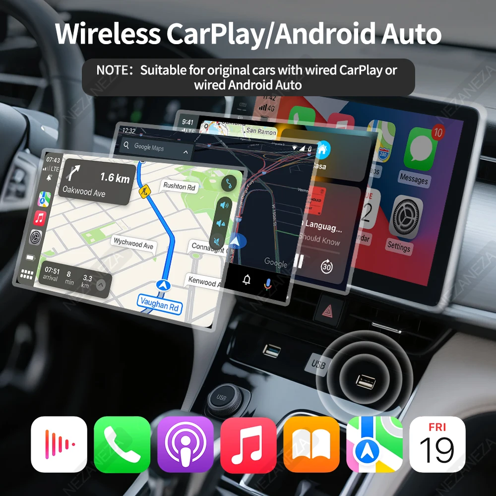 Mini Dongle CarPlay inalámbrico 2 en 1 para adaptador de Radio de coche OEM cableado a CarPlay inalámbrico Android Auto TypeC USB Plug and Play