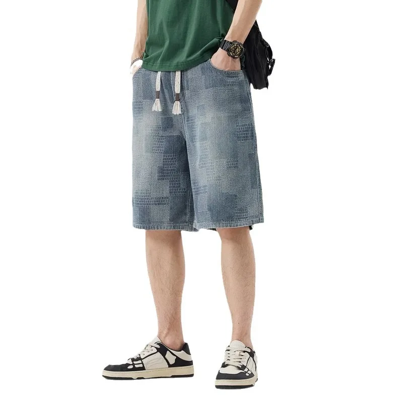 

Summer Men's Denim Shorts Elastic Waist Baggy Casual Cargo Shorts Fashion Streetwear Male Stretchy Straight Leg Jeans Breeches