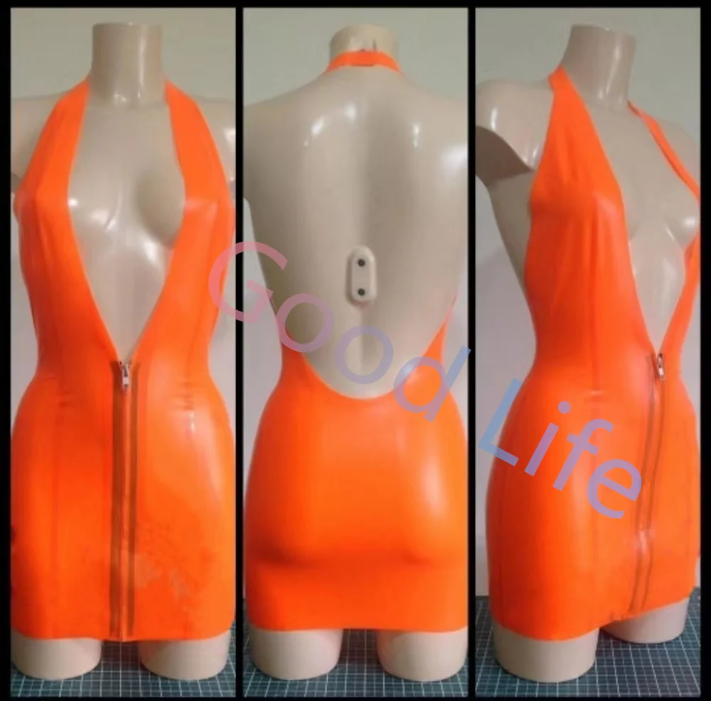 

100% Natural Latex Dress Women Hot Sexy halter Dress Latex Lingerie Latex Clubwear Skirt fetish mini dress Costumes