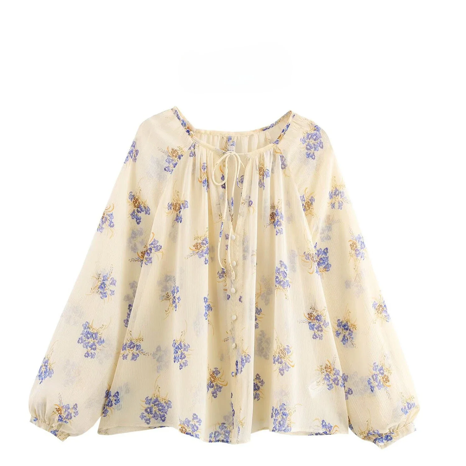 

2025 Spring Summer New Fashionable Flower Printed Women Long Sleeve Shirt Comfortable Thin Female Round Neck Blouses