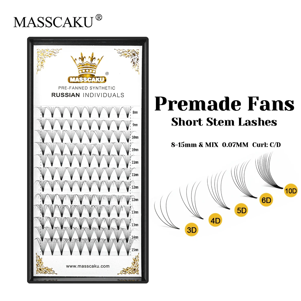 High Quality MASSCAKU C D Curl Premium Velvet Fiber Premade Fans Lashes Matte Black Thin Root Short Stem Eyelash Easy to Operate