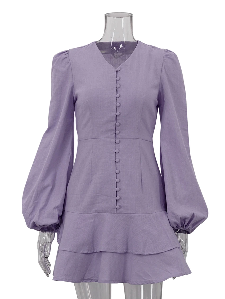 Marthaiqiqi Cotton Slim Women's Nightwear Long Sleeve Nightgowns Sexy V-Neck Sleepwear Mini Dress Casual Summer Ladies Pajamas