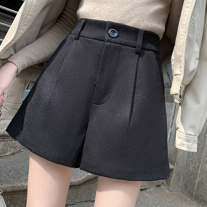 Fall Winter Woolen Shorts Women 2024 New Elastic Waist Wide Leg Loose Casual Shorts Female Fashion Boot Shorts Pocket Shorts