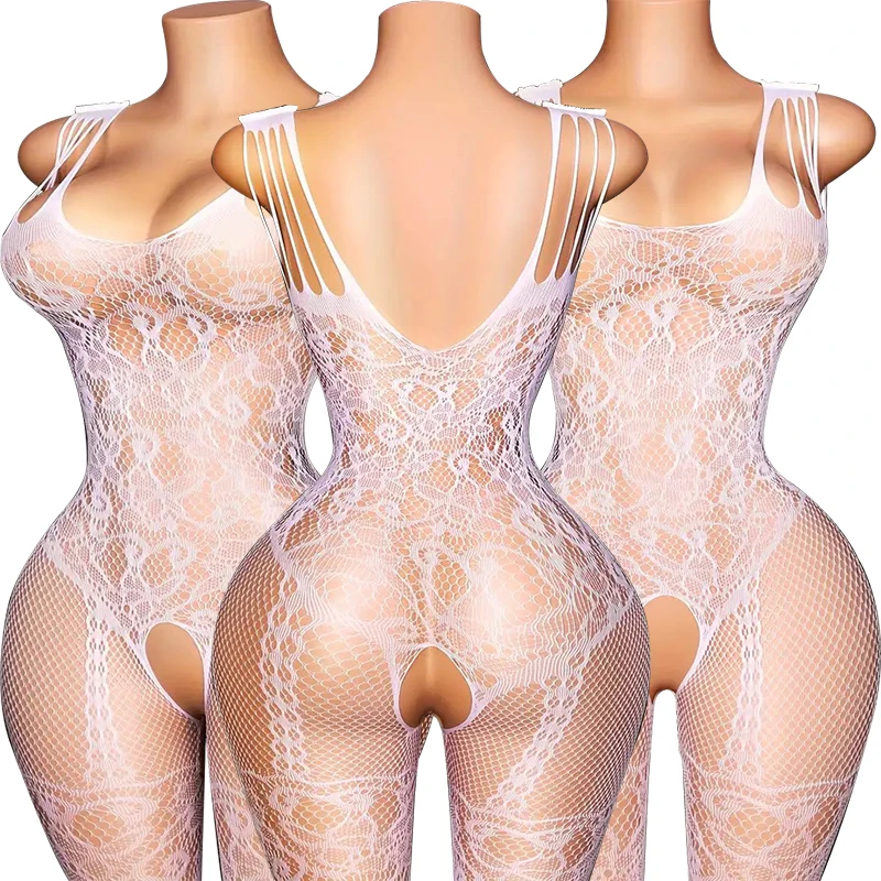 White Lace Pattern Bras Set Porn Underwear Women Mesh Hollow Bodystocking Sexy Baby Doll Dress Erotic Crotchless Lingerie Sets