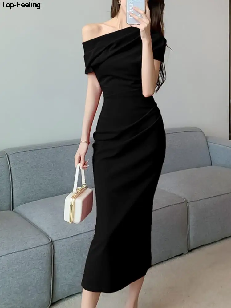 Elegant Off Shoulder Evening Party Dresses Women Summer Fashion Slim One Piece Solid Vestidos Korean Graduation Robe Clothing