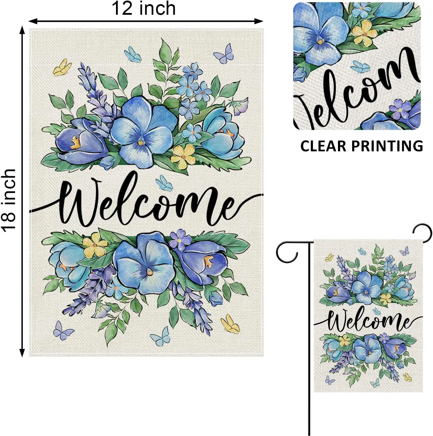 Welcome Spring Floral Flowers Decorative Garden Flag, Blue Pansy Lavender Butterfly Yard Outside Decorations, Summer Seasonal Ou