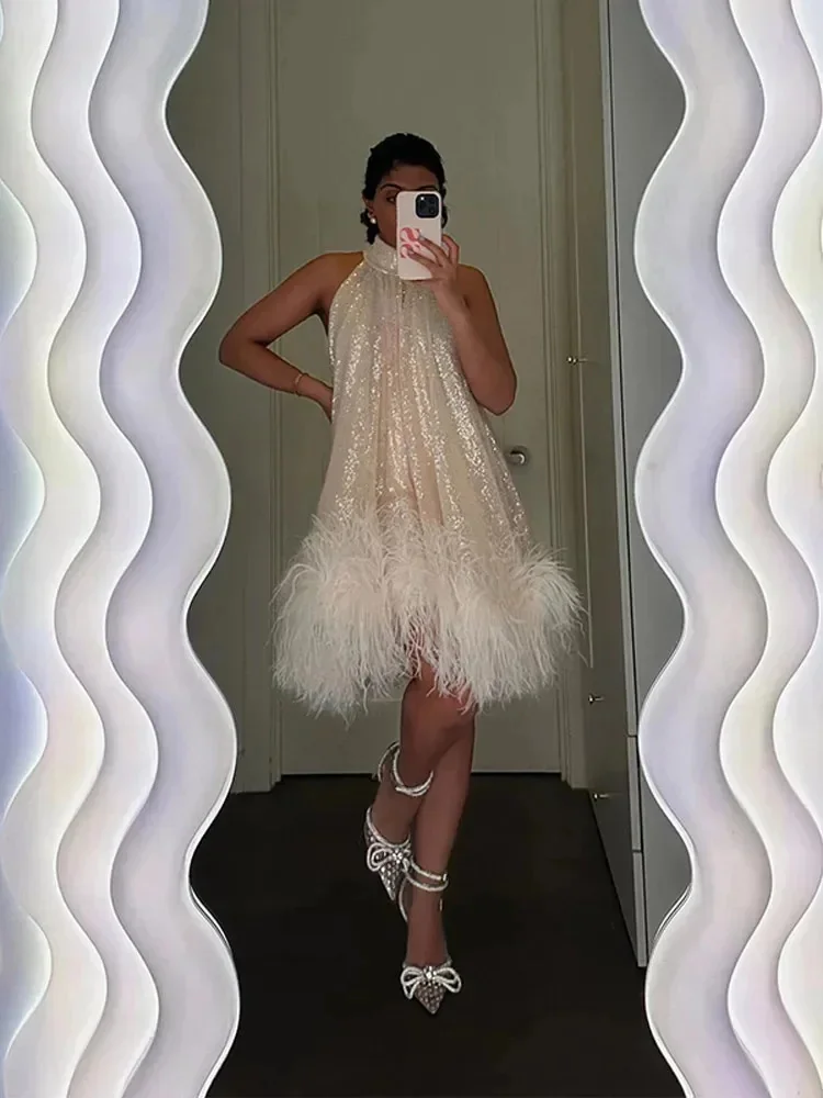 Elegant White Sequins Feather Hem Mini Dress Women Sexy Off Shoulder Loose Halter Dresses 2024 New Shiny Female Christmas Party