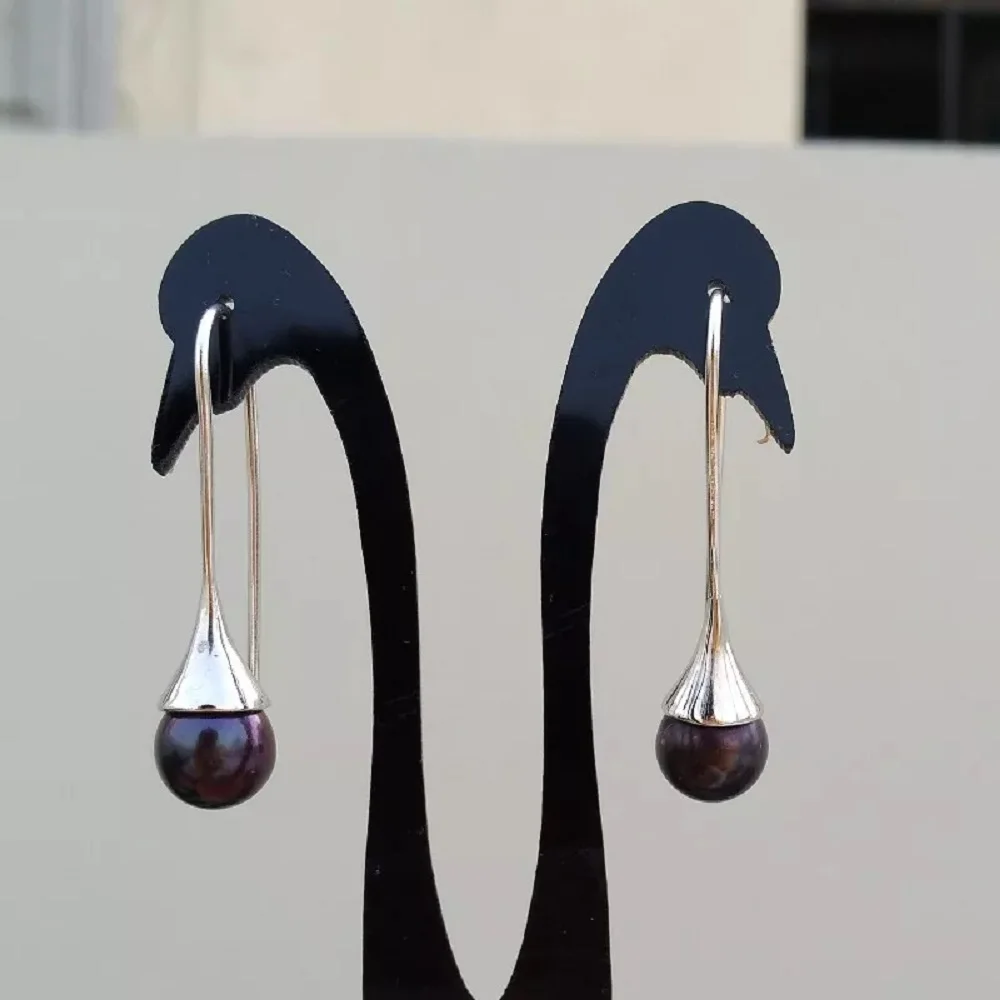 

Stunning Earrings 9-10mm 10-11mm AAAA+Natural Tahitian Round Black Pearl Earrings S925 Long Hook