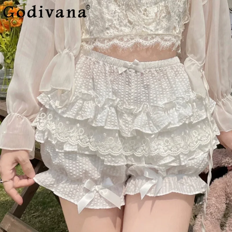 New Lolita Versatile Sweet Lace Pumpkin Shorts Women Summer Age Reduction Elastic Waist Elegant Bow Leisure Lantern Shortses