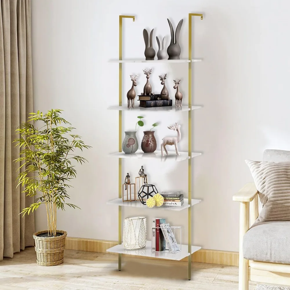 Bücherregal, 5-stufiges Wand-Holz regal offen industrielle moderne Pflanze Blumen ständer Utility Organizer Bücherregal Metallrahmen