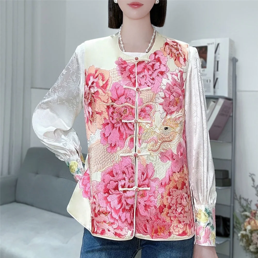 Spring And Autumn New High Quality Acetate Embroidery Blooming Peonies Single breasted Fashion Vest S-XXL