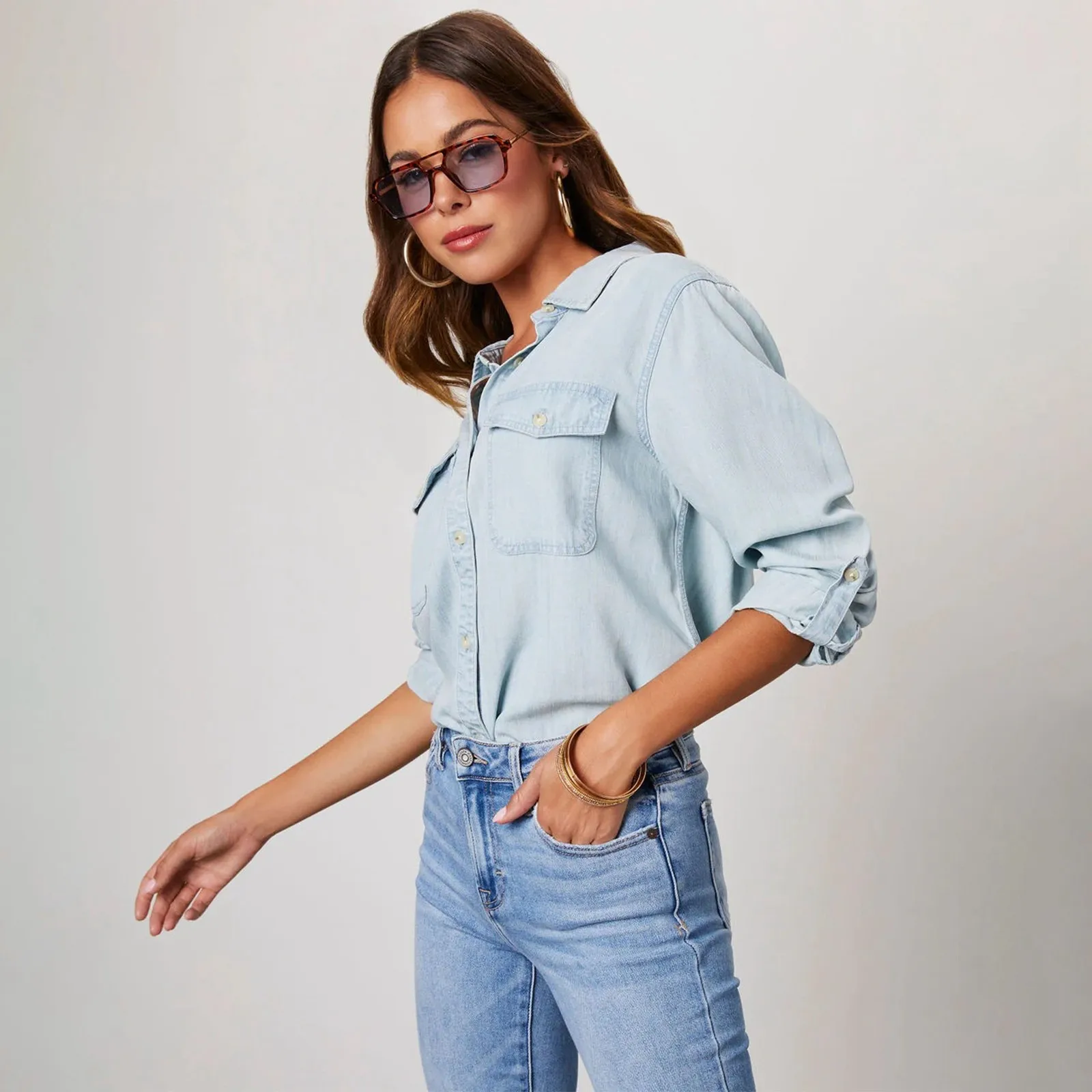 Lightweight Denim Women's Shirts Slimming Long Sleeve Vintage Jean Blouse With Pockets Autumn Commuting Versatile Trendy Tops