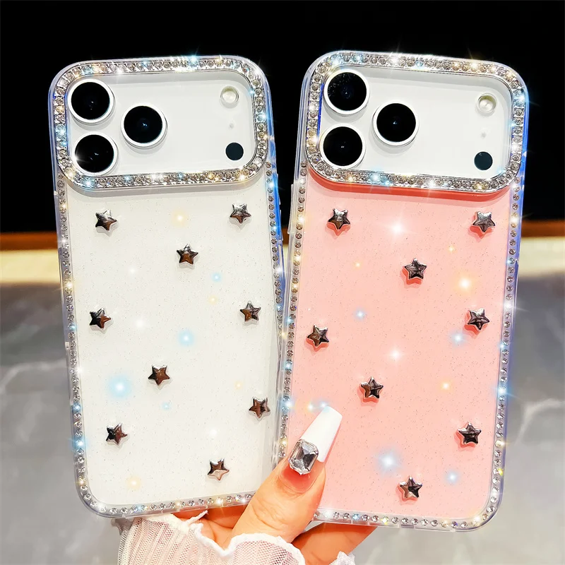 

Diamond frame Glitter transparency Phone Case For iphone 17Air 16 Plus 15 14 13 pro max 16e 16promax 15pro 3D star Cute pattern