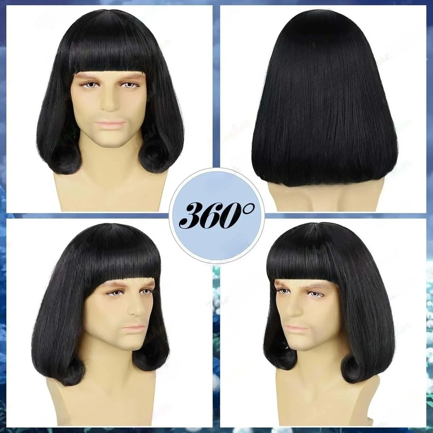 Synthetic Unisex Black Straight Flip in Short Full Bang Realistic Halloween Cosplay Bob Wig with Bangs Lord Farquaad Wig image 2