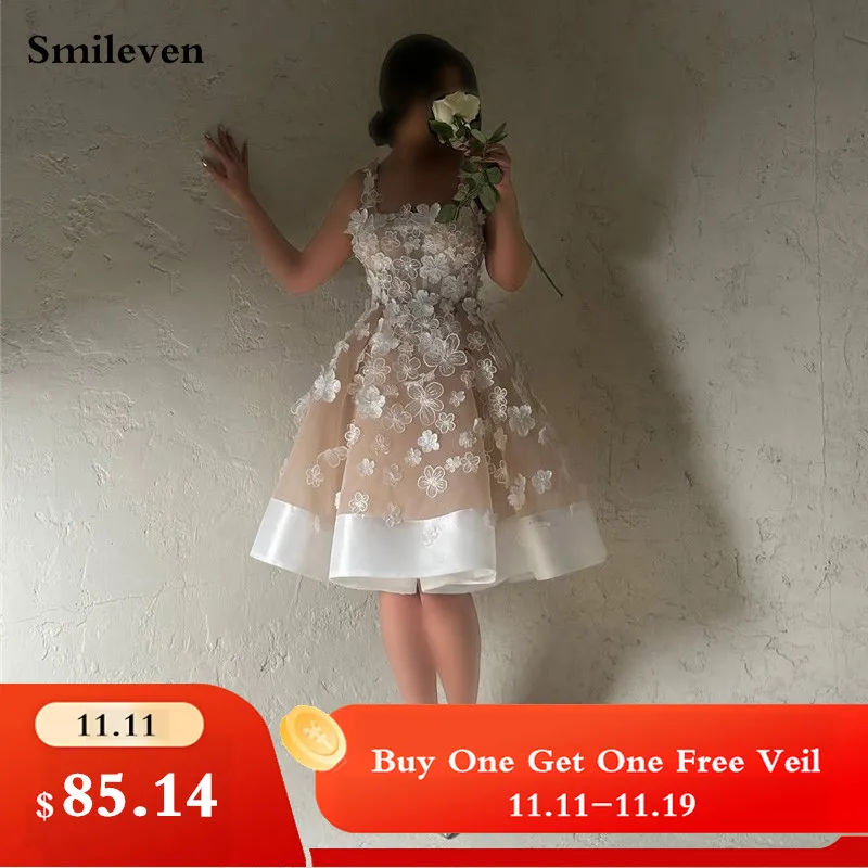 

Smileven 3D Lace Flowers Wedding Dresses Champlgne Spaghetti Strao Bride Dresses Kenn Length Vestido de novia 2024 Customized