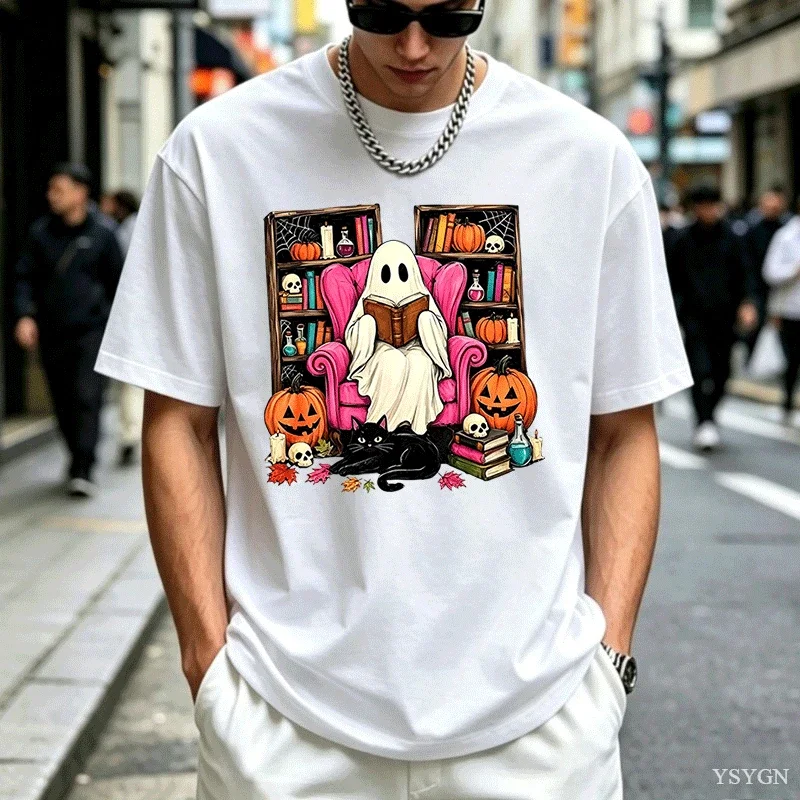 Cute Reading Ghost Halloween Graphic T‑Shirt Ghost Sitting on Pink Armchair Bookshelf Jack‑O‑Lantern Pumpkin Black Cat Tops Tees