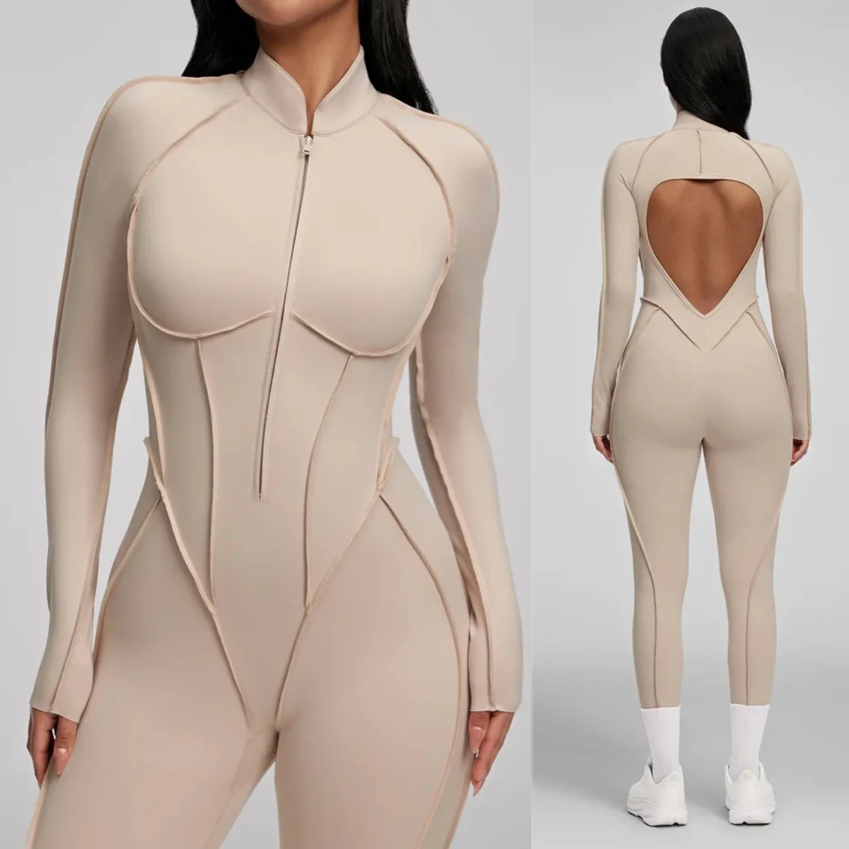 

One-piece Yoga Jumpsuits Sports Fitness Zipper Hip-lifting long sleeve Backless Dance Workout Gym Shorts Bodysuits for Women