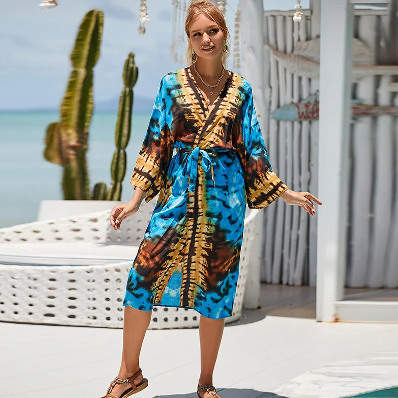 جديد التعادل صبغ بيكيني يغطي المنبثقة الرجعية مخطط الذاتي مربوط المرأة الصيف كيمونو catdigan فستان ملابس الشاطئ لباس سباحة التستر