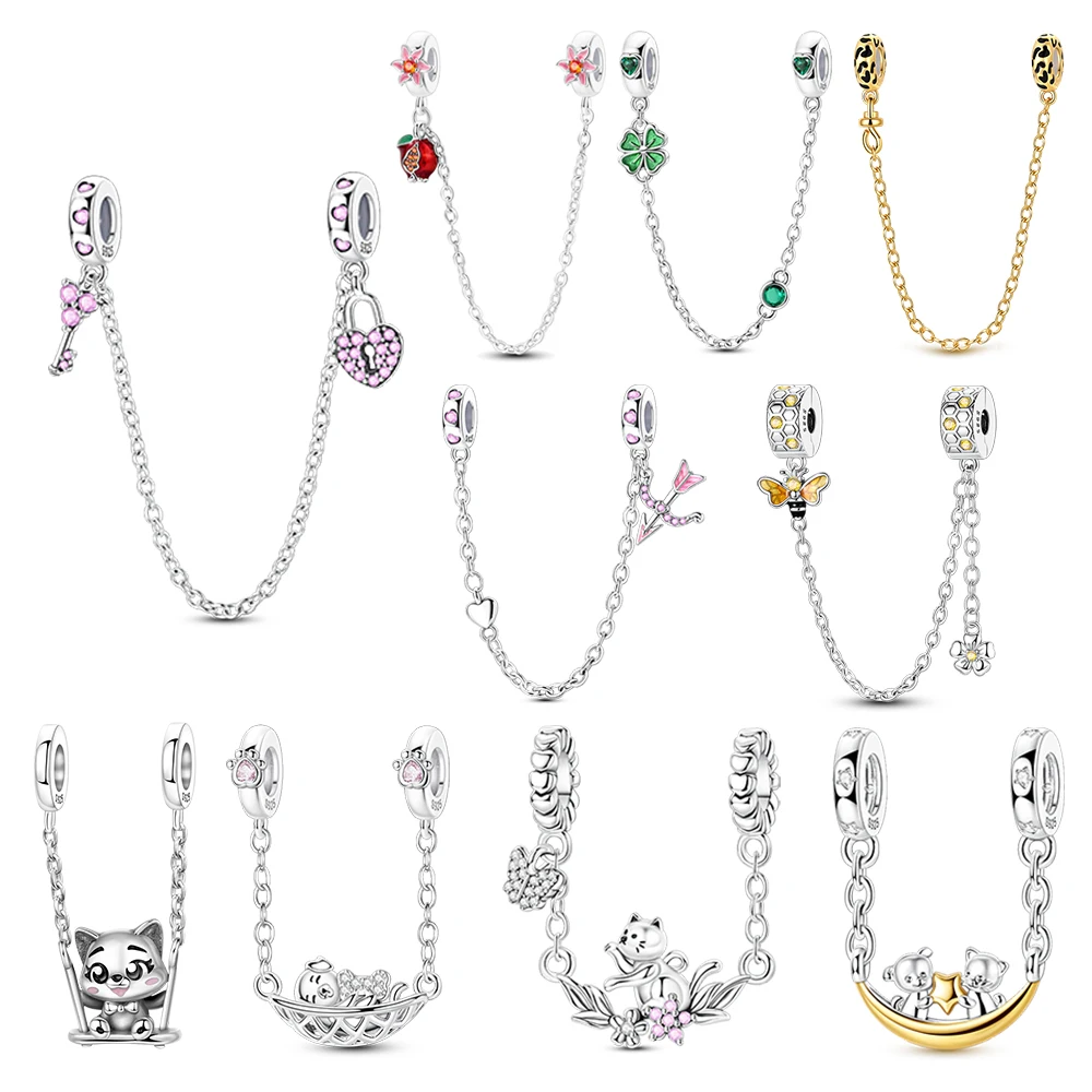 Exquisite 925 Sterling Silver Clover Love Lock Bee Bow and Arrow Safety Chain Fit DIY Bracelet Necklace  Safety Protection Gifts