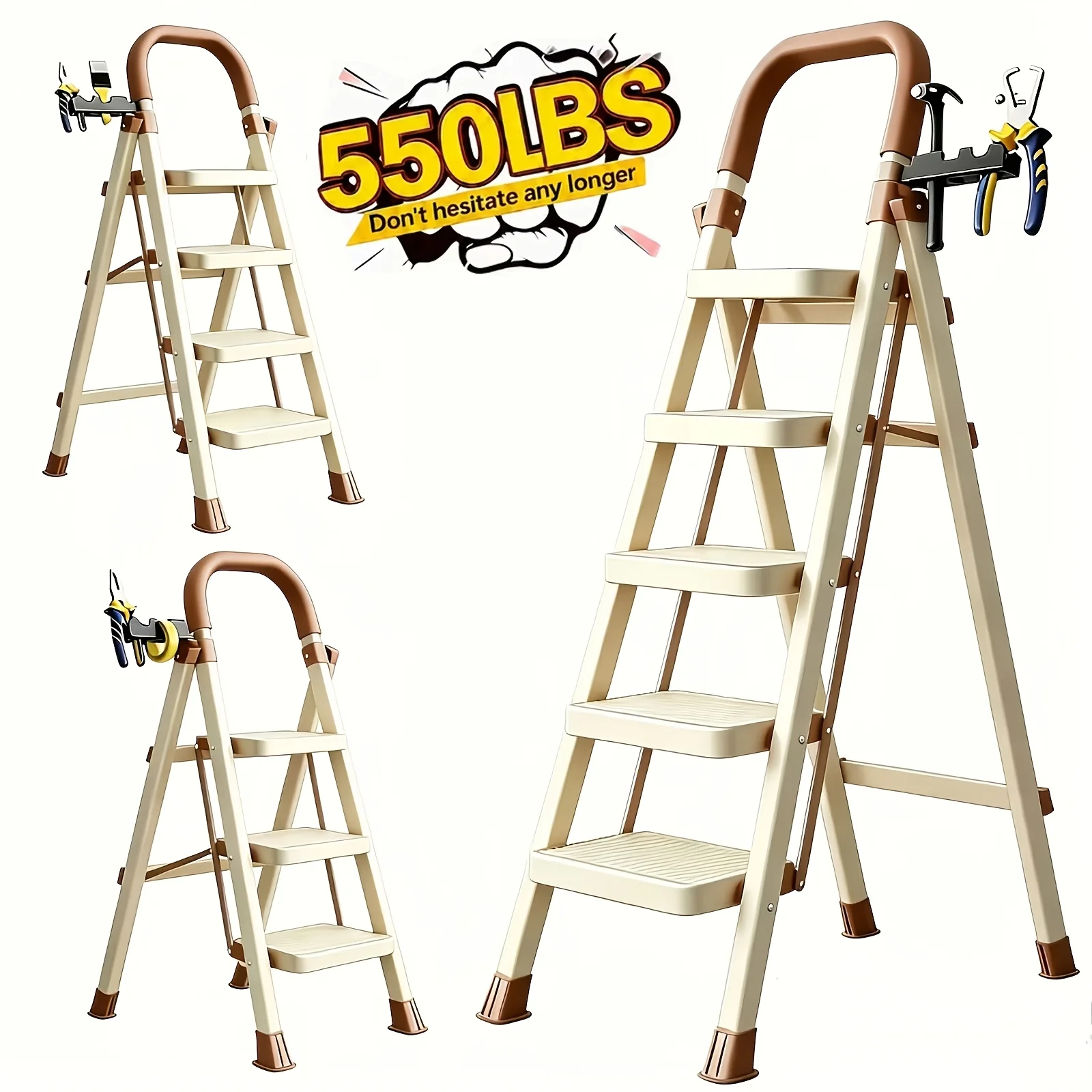 Cream White Home Ladder, Thickened Folding Ladder 550 Lbs Capacity, 2/3/4/5/6 Step Folding Step Ladder-Anti-Slip Wide Pedal, Durable Step Stool, Sturdy Ladder with Comfort Handle, Portable Space-Saving Step Stool for Home, Kitchen, Office Use-CVNU