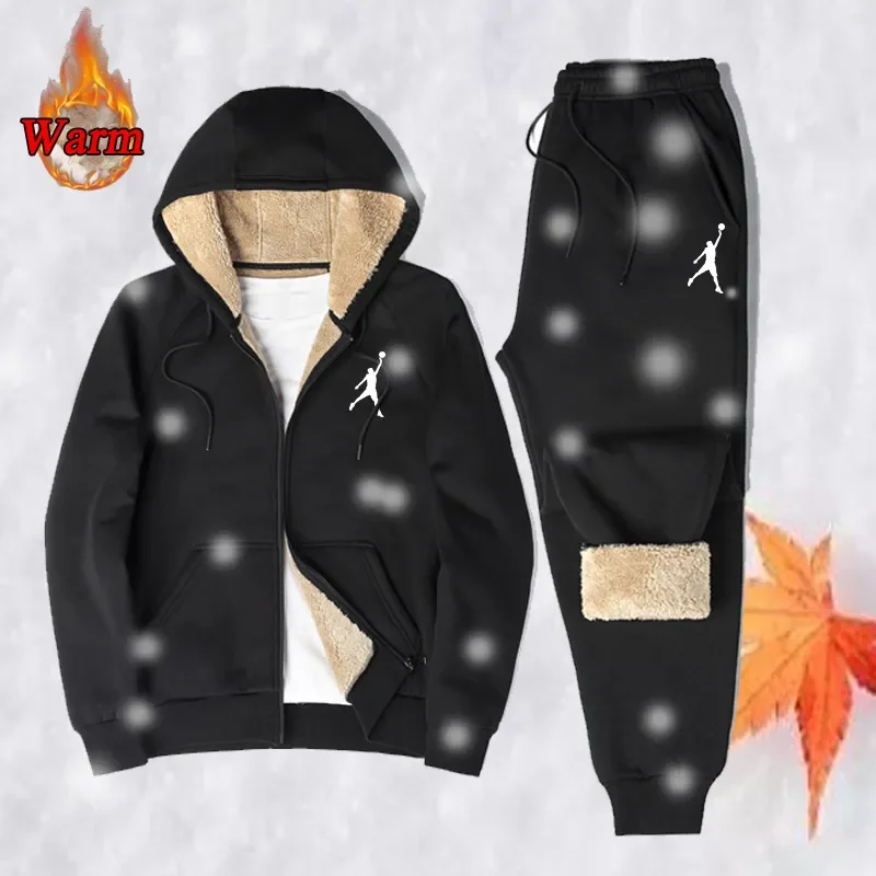 Mens Sets Faith print Tracksuit Men Lamb Cashmere Winter Hooded Sweatshirt Thick Warm Sportswear Male Casual Suit Two Piece Set