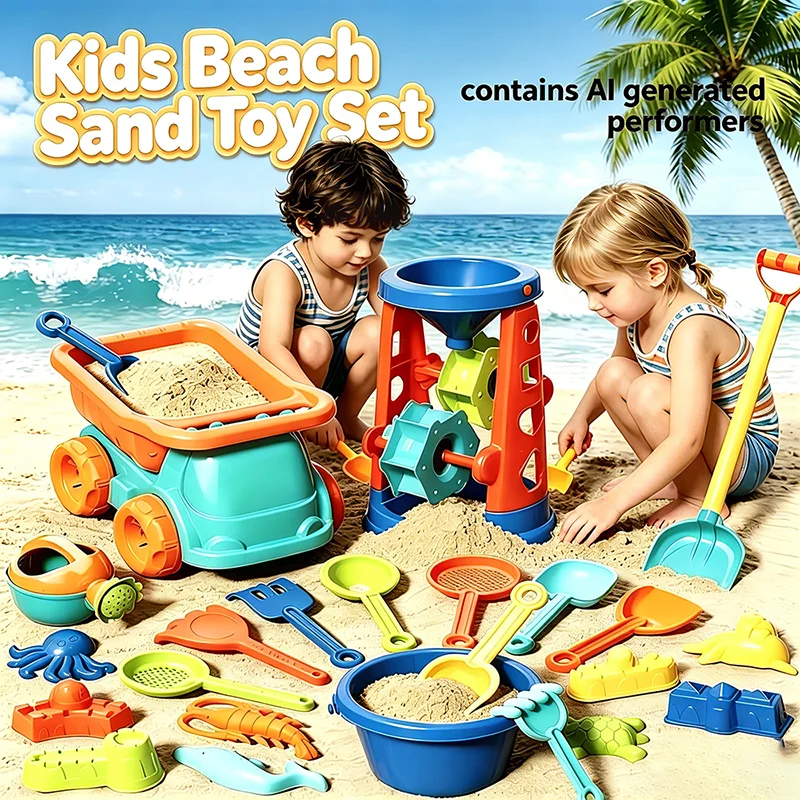 Kinder Strand Sandspielzeug Set mit Muldenkipper, Eimer, Sanduhr, Gießkanne, Schaufel, Rechen, Tier- und Burgformen, Outdoor Sand- und Wasserspielzeug für Kleinkinder