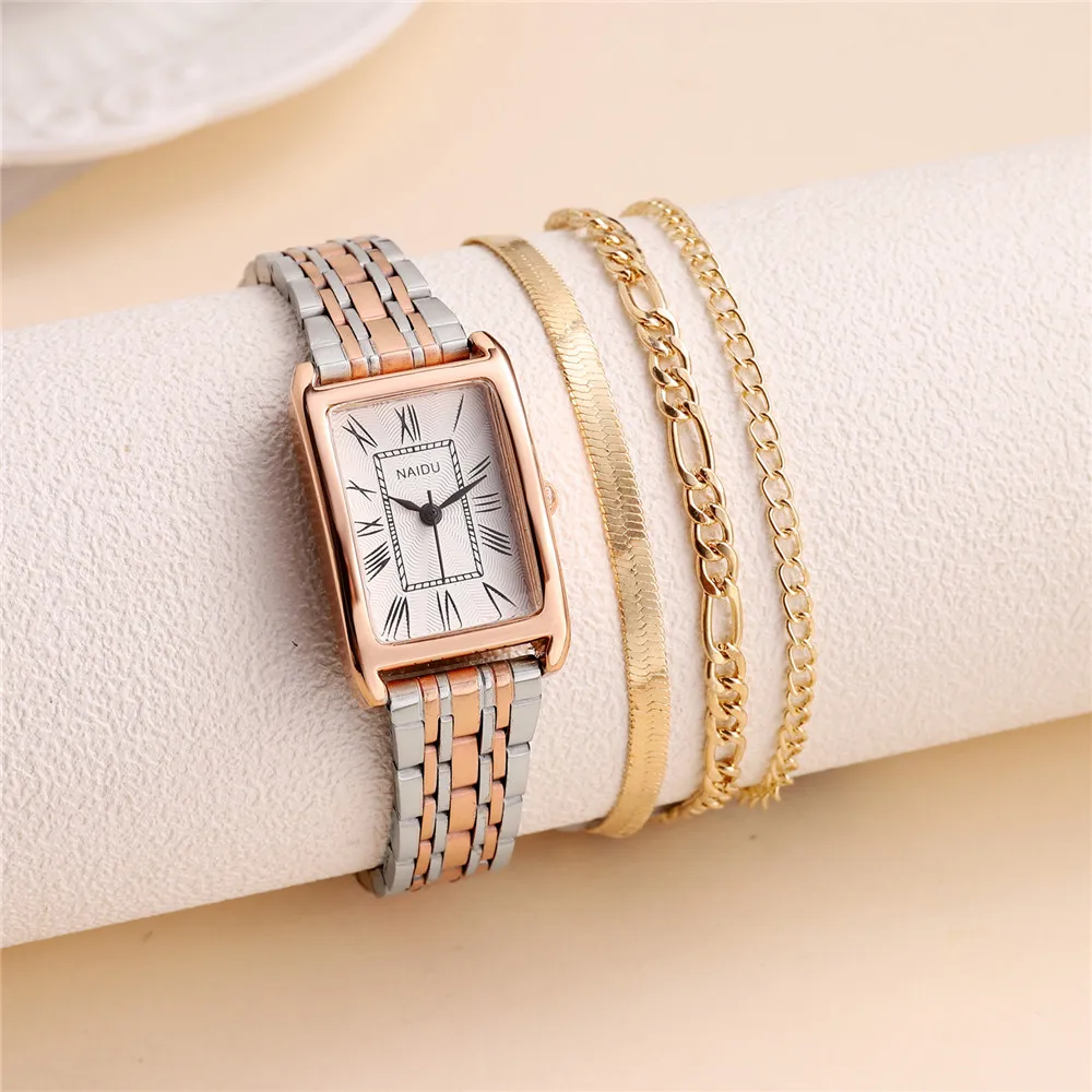 2pcs/set fashion elegant rectangle dial steel women quartz watch