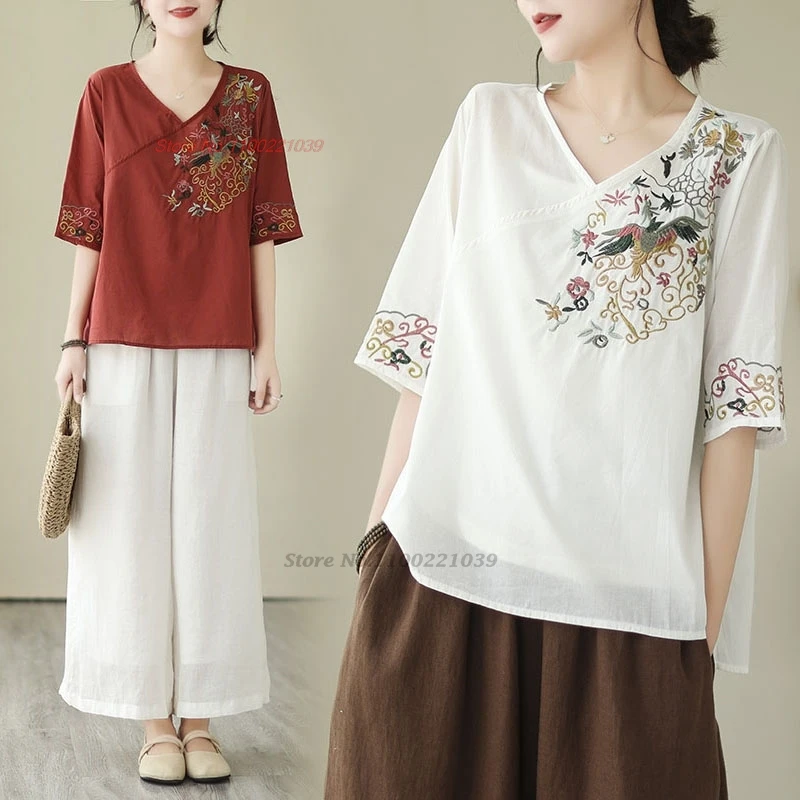 

2024 chinese vintage hanfu tops national flower embroidery v-neck blouse oriental ethnic streetwear shirt improved folk blouse