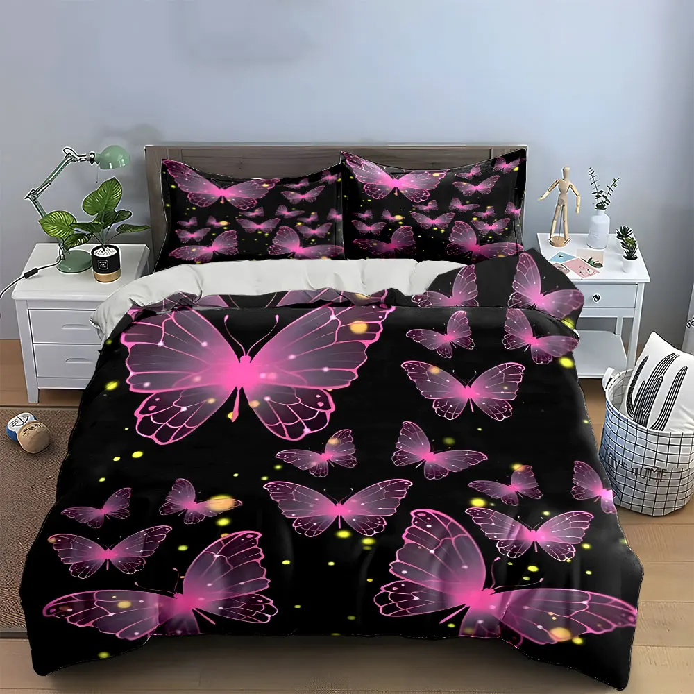 3Pcs Pink Glowing Butterfly Bedding Set, Translucent Butterflies with Sparkles Print Duvet Cover + 2 Pillowcases, Dreamy Decor