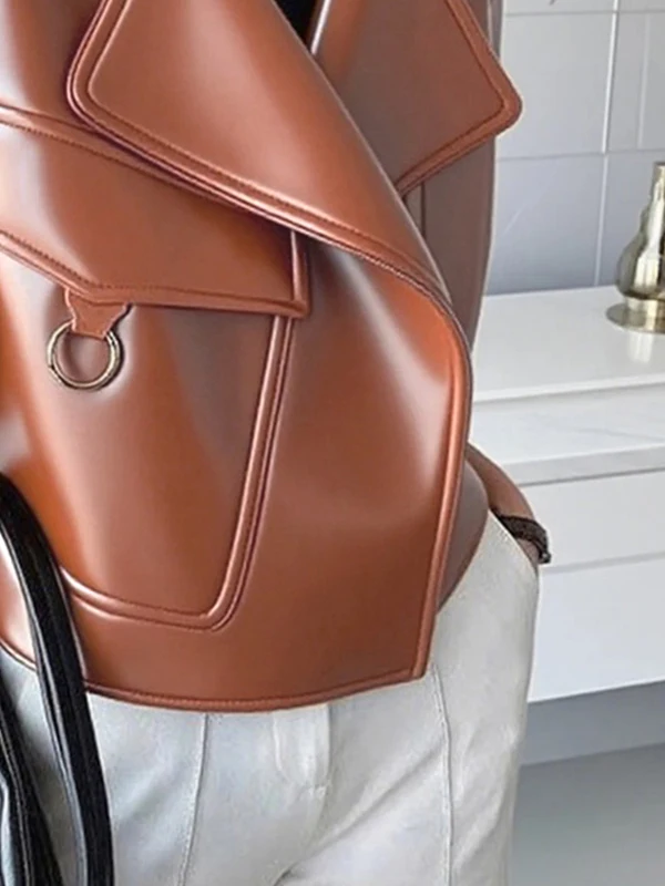 سترة Modigirl لخريف وشتاء من جلد البولي يوريثان للنساء 2025 عتيقة بأكمام طويلة وأزرار للنساء سترة من الجلد الصناعي البني ملابس خارجية