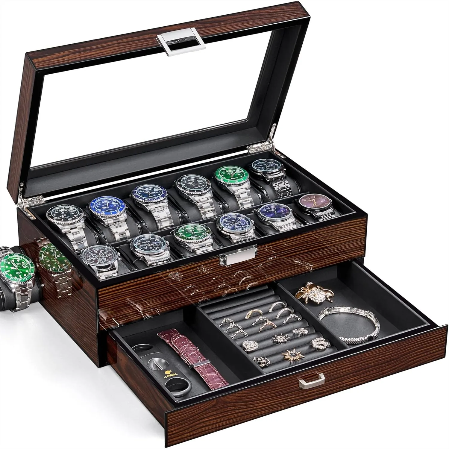 

12-Slot Watch Box with Glass Lid, 2-Layer Wooden Watch Case for Men, Large Watch Organizer Storage Holder, Brown