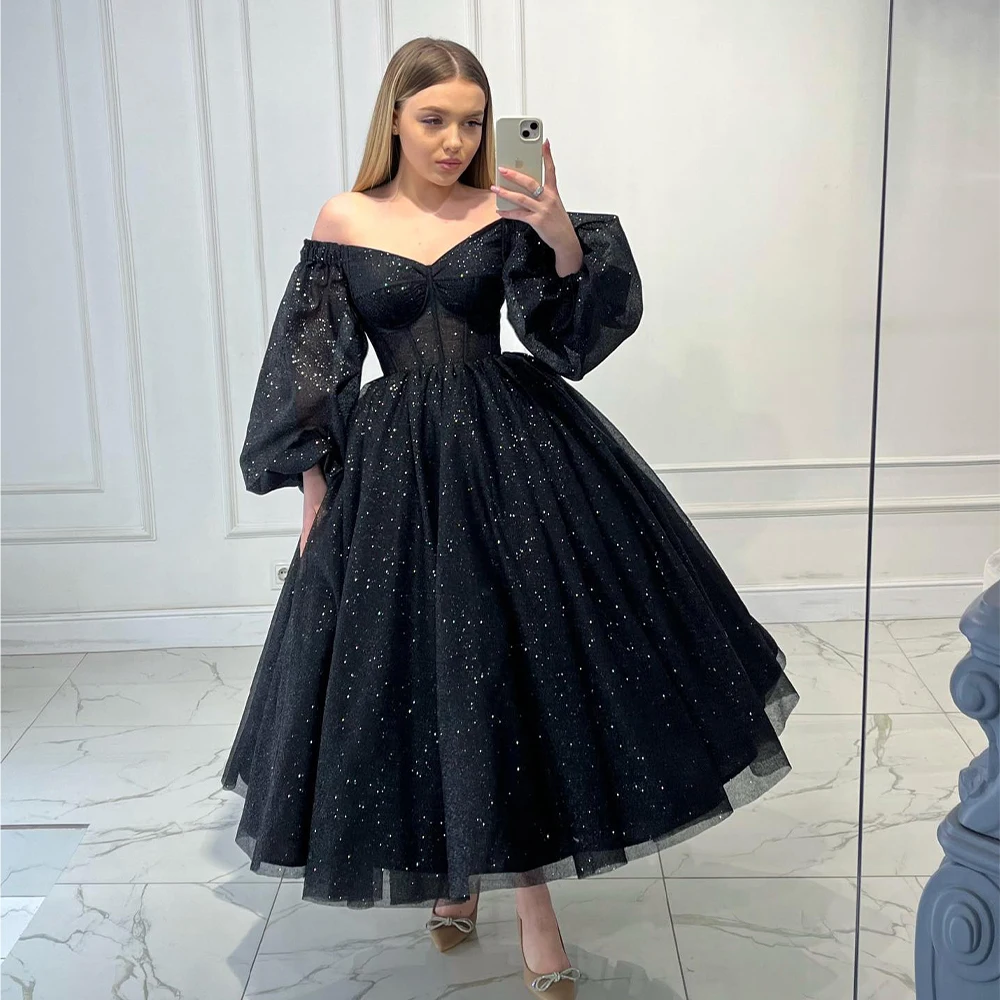 

Long Puff Sleeves Stunning Sweetheart Tea Length Prom Dresses Custom Made Formal Party Grown 2024 Rode De Morrie