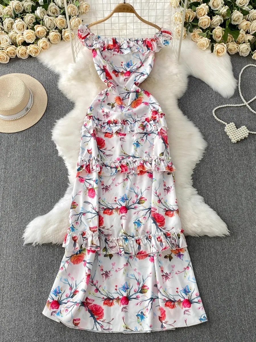 Foamlina elegante fora do ombro flor impressão maxi vestido feminino verão retro romântico cintura cinched emagrecimento plissado em camadas vestido