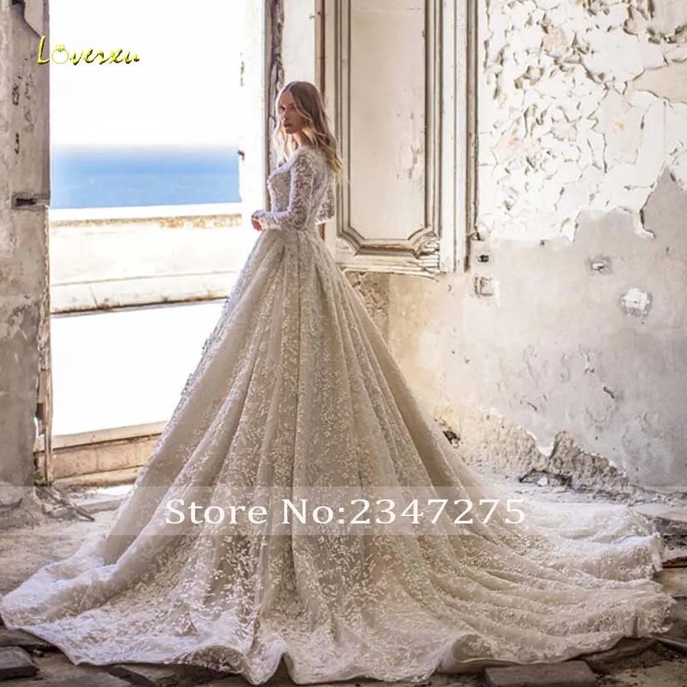 Loverxu A-Line Princess Wedding Dresses V-Neck Long Sleeve Vestido De Novia Lace Glamorous Appliques Custom Made Bridal Gown