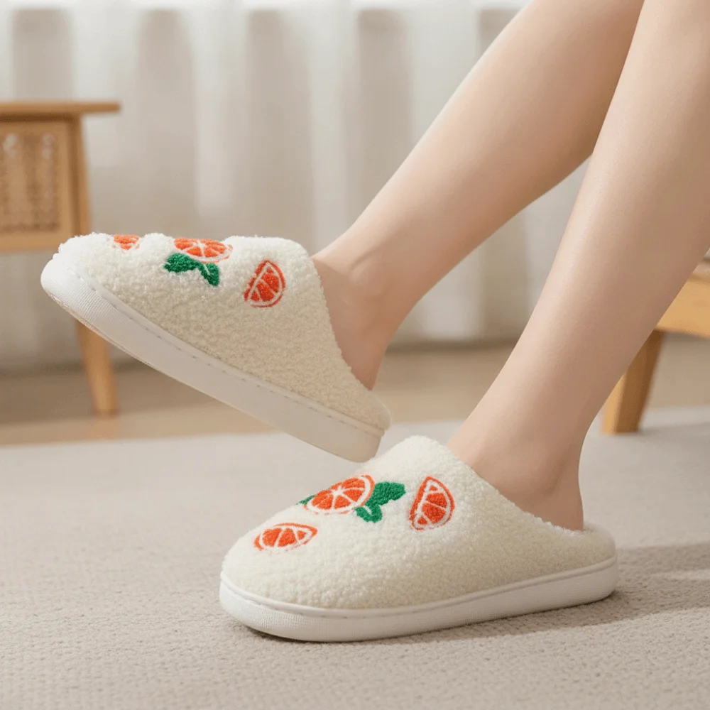 Oranges Peaches Fruit Plush Slippers Watermelon Grapes Avocados Winter Fluffy Slippers Plush Toe Wrap Soft Plush Slippers