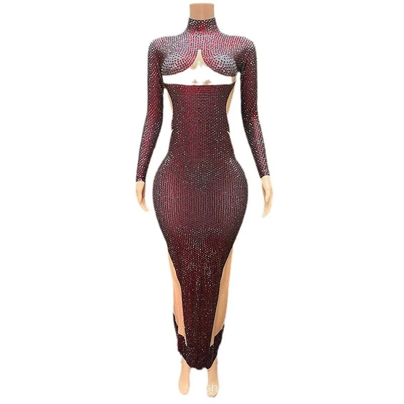 

Темно-красное яркое бриллиантовое темпераментное платье с запахом на бедрах, ежегодное собрание, женское элитное платье, женское групповое выступление, блестящее