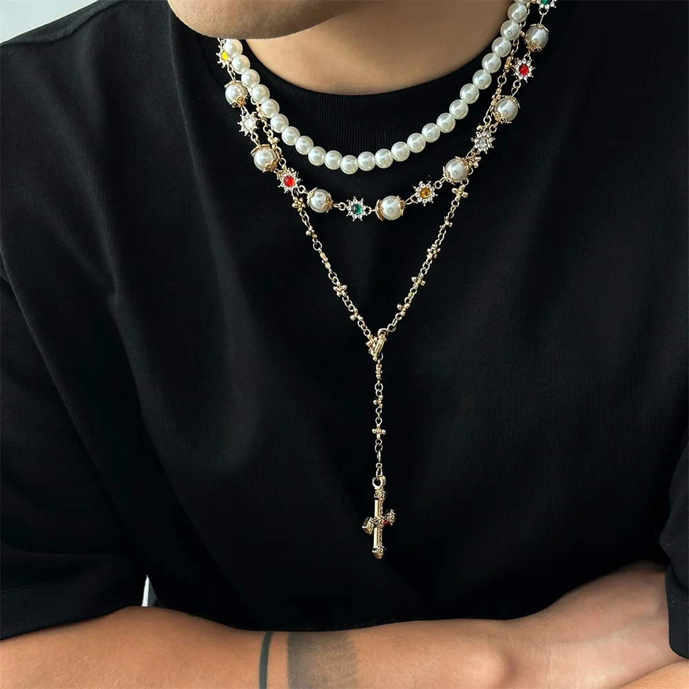 Goth Rhinestone Cross Jesus Pendant Choker Necklace for Women Elegant Imitation Pearl Beads Chain Necklace Set Party Jewelry