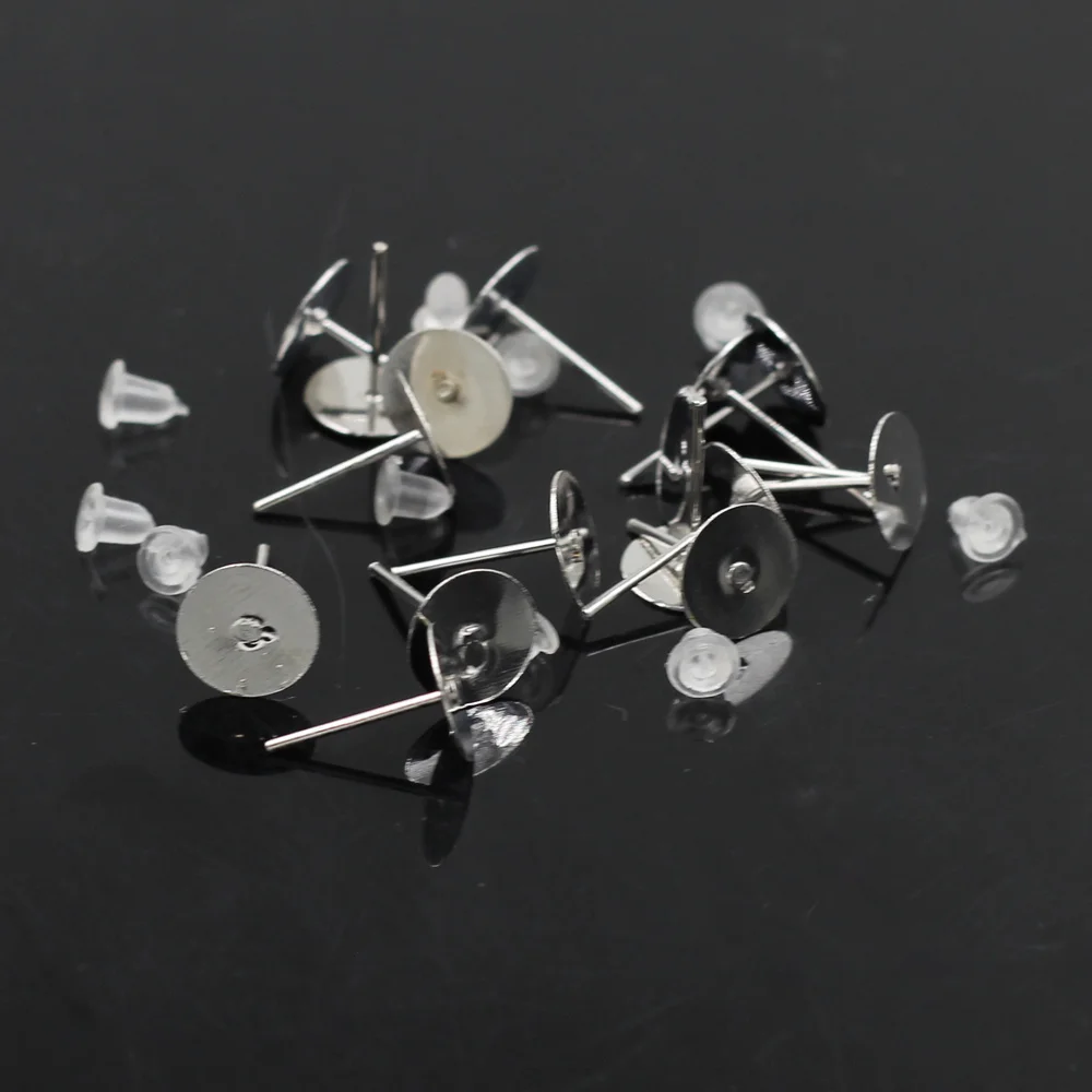 2000Sets Earrings Post With Rubber Stoppers Ear Alloy Glue-on Silver Tone Jewelry DIY Findings 12x8mm